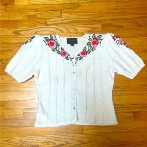 Vintage Herman Geist Women L Hand Embroidered Floral Cardigan Cottage Cream
